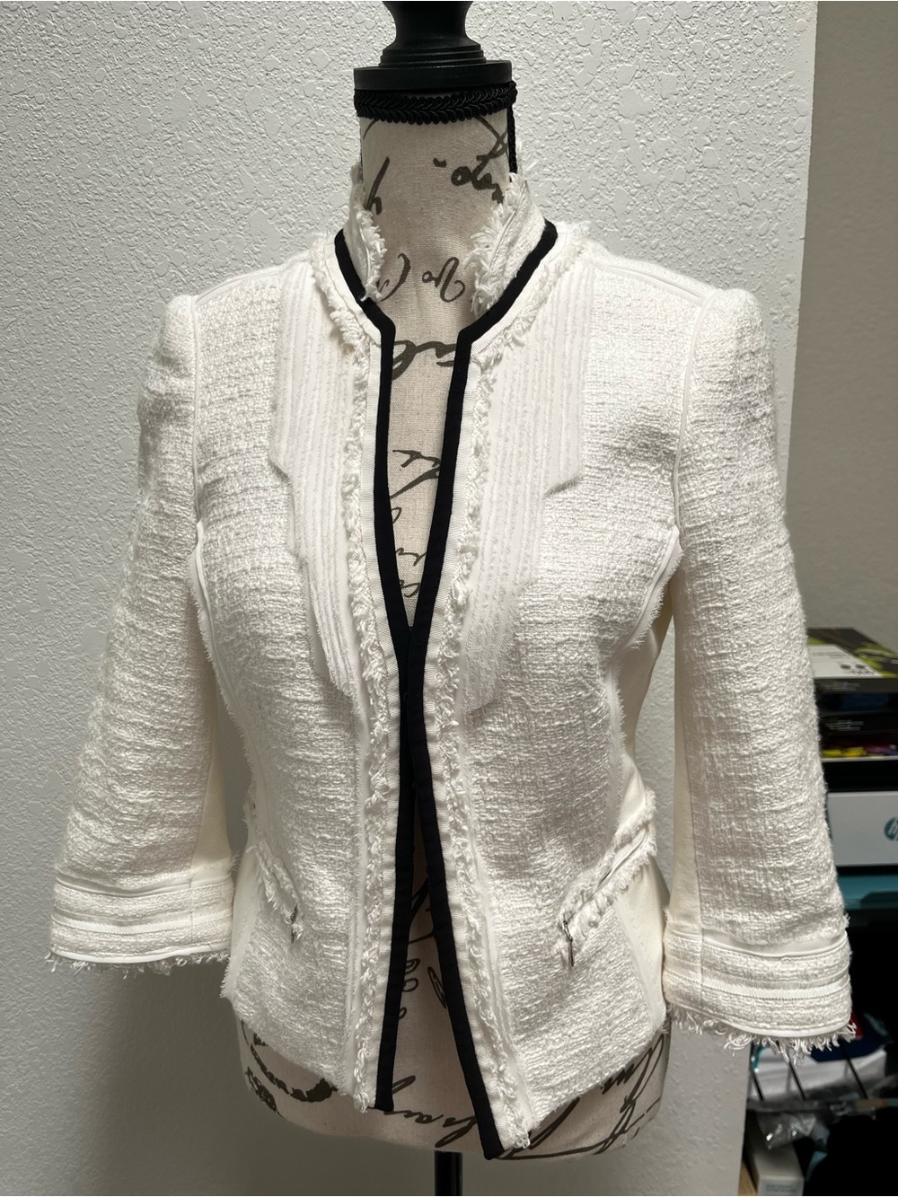 Women's White Tweed Frayed Edge Jacket with Black Trim